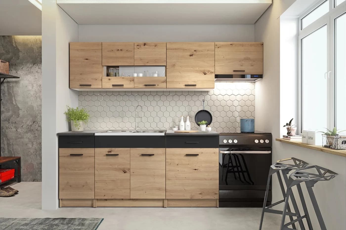 Кухненски комплект ALINA 240 - ARTISAN OAK/BLACK MATT — черно