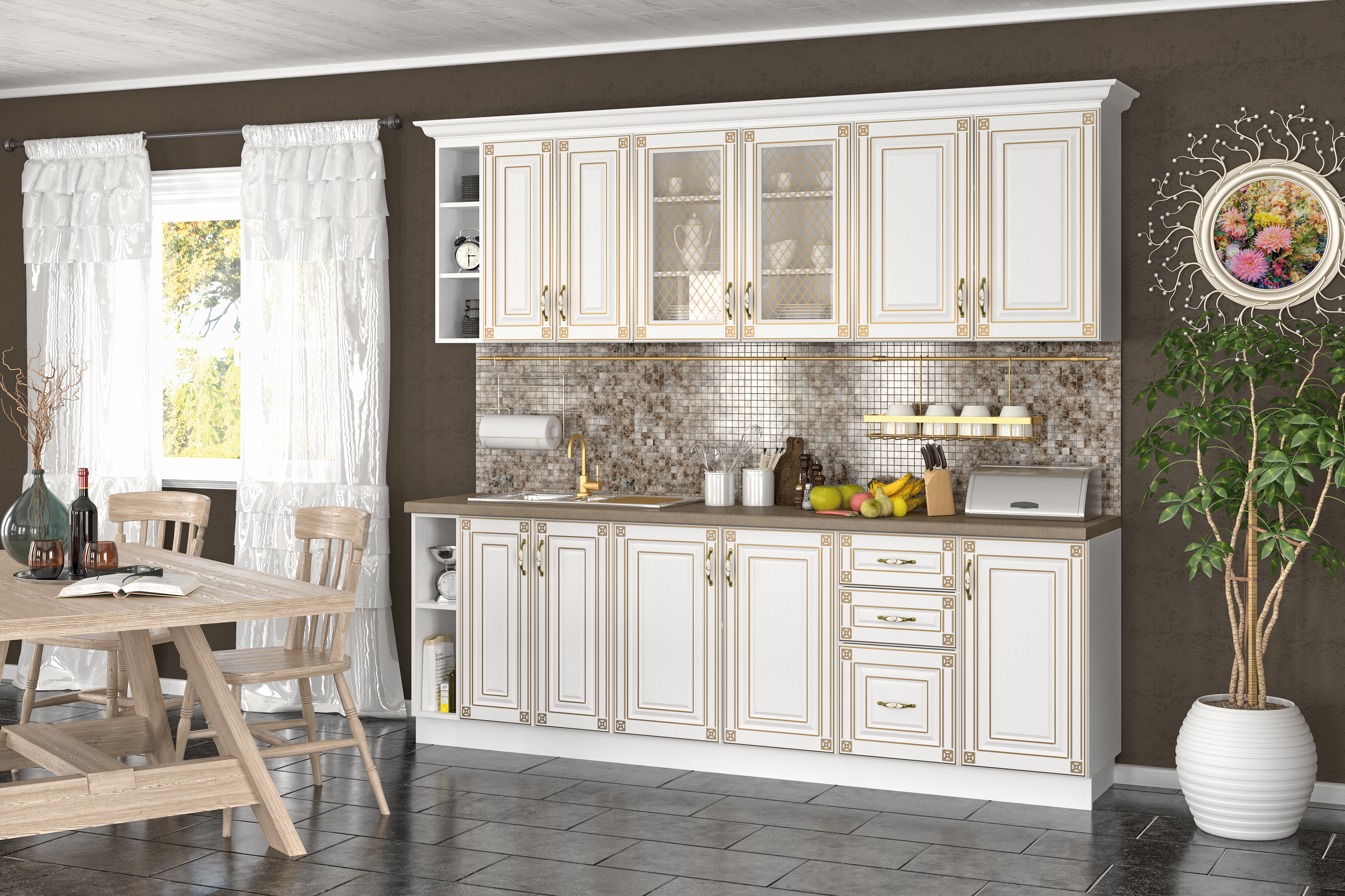 Кухня IMPERIA 2.40м без плот, бяло/златна патина